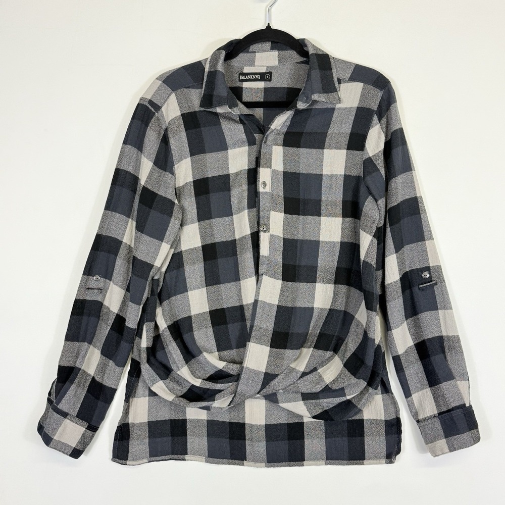 BlankNYC Plaid Front Twist Shirt Women Small Grey Blue Western Boho Cottagecore
